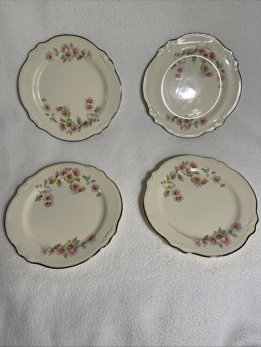 Homer Laughlin VIRGINIA ROSE Porcelain Floral Platinum Trim Bread Plates X4